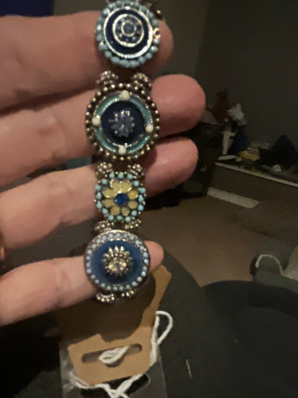Blue Silver Beaded Charm Bracelet with Round Blue Crystal Dangle Charms